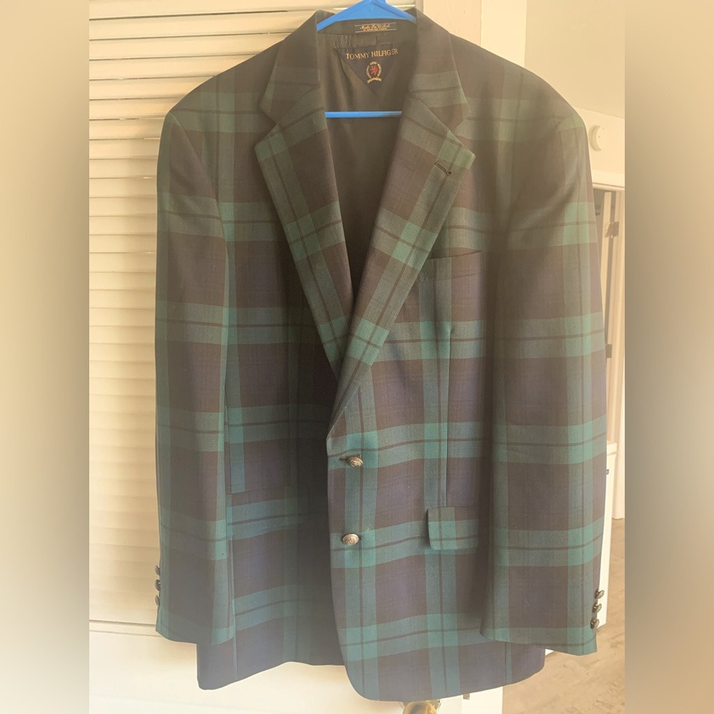 Tommy Hilfiger men’s green & blue plaid lightweight sport coat size 42 Long